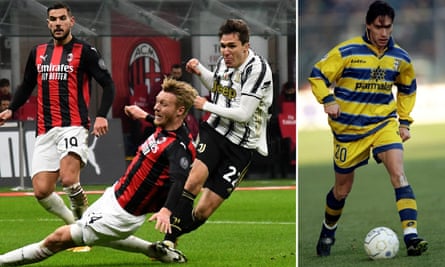 Federico Chiesa in action for Juventus against Milan in 2021, alongside an image of his father, Enrico, in acton for Parma against Internazionale in 1999
