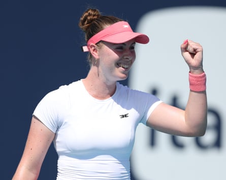 Talia Gibson celebrates match point in her win against Naomi Osaka.
