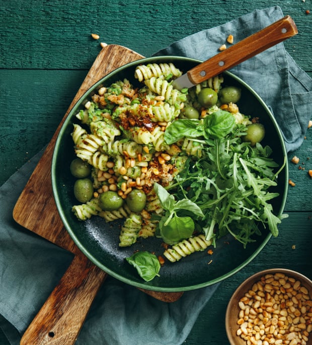 Pasta salad, but not as we know it: with broccoli pesto, peas, rocket, olives, pine nuts and breadcrumbs.