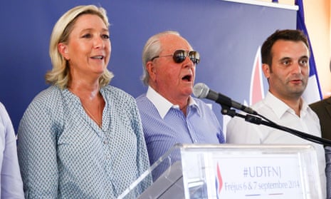 Marine Le Pen, Jean-Marie Le Pen and Florian Philippot at the Front National summer youth congress, in 2014.