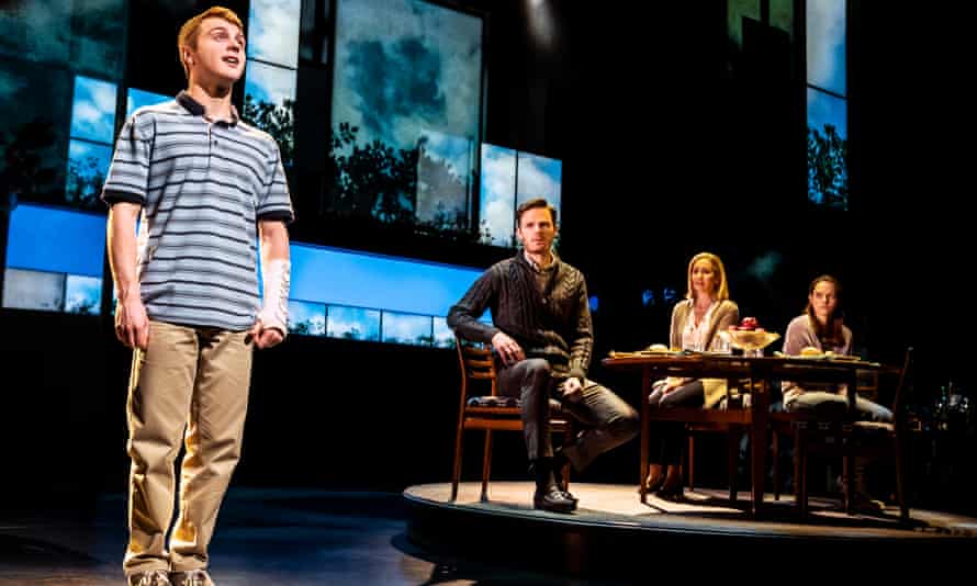 Dear Evan Hansen is now playing at the Noël Coward Theatre l-r Sam Tutty (Evan Hansen), Rupert Young (Larry Murphy), Lauren Ward (Cynthia Murphy, Lucy Anderson (Zoe Murphy) photo by Matthew Murphy