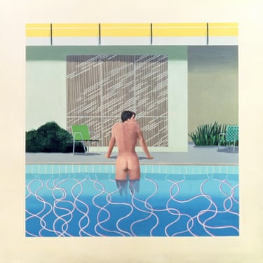 Peter Getting Out of Nick’s Pool, 1966Peter is Peter Schlesinger, Hockney’s boyfriend, and Nick is Nick Wilder, an art dealer and gallery owner who lived in Hollywood. Hockney copied the figure of Peter from a Polaroid he had taken of him leaning naked against a car bonnet and used simple wavy white lines to suggest ripples in the pool and bring the focus on Peter.