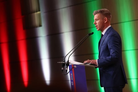 Péter Magyar speaks to the press on Monday after his Tisza party won two-thirds of the seats in parliament.