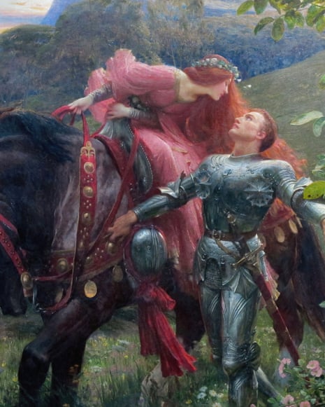 A knight in armour helps a woman in a flowing pink dress dismount a dark horse, La Belle Dame Sans Merci