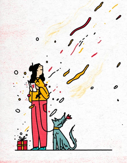 An illustration of a woman holding a card with a heart on it and smiling and looking up and behind her at and beyond magic trails. She had a dog on a lead with a flower in its mouth and a present at her feet.