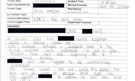 A Wilson Security incident report filed by a Save The Children worker on Nauru in 2013. It details the handcuffing of an eight-year-old boy as “a joke” by four Wilson guards. 