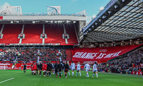 The teams come out during the FA Women’s Super League match between Manchester United Women and Aston Villa Women at Old Trafford