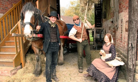 From left to right, Clumper the horse, Alex Langlands, Peter Ginn and Ruth Goodman in the BBC’s Victorian Farm.