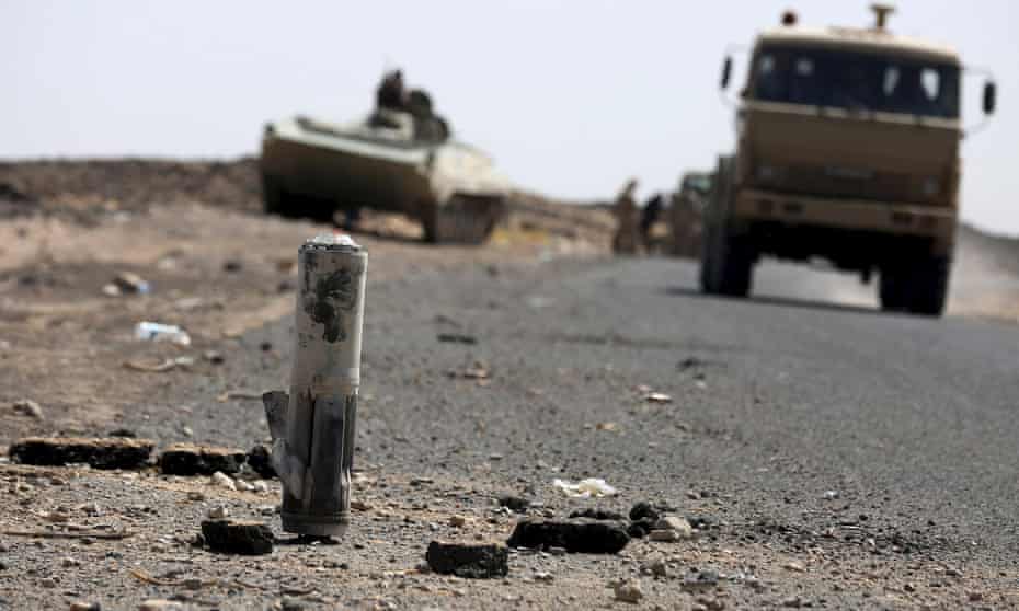 The fragments of a shell at the front line of fighting against Houthi militants in Marib on Wednesday. Coalition troops captured the Houthis’ last outpost of Sirwah. 