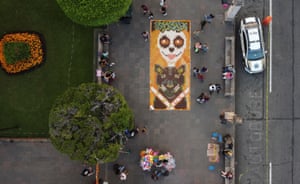 Aerial view of a traditional sawdust carpet before Day of the Dead celebrations in Morelia, Michoacan state