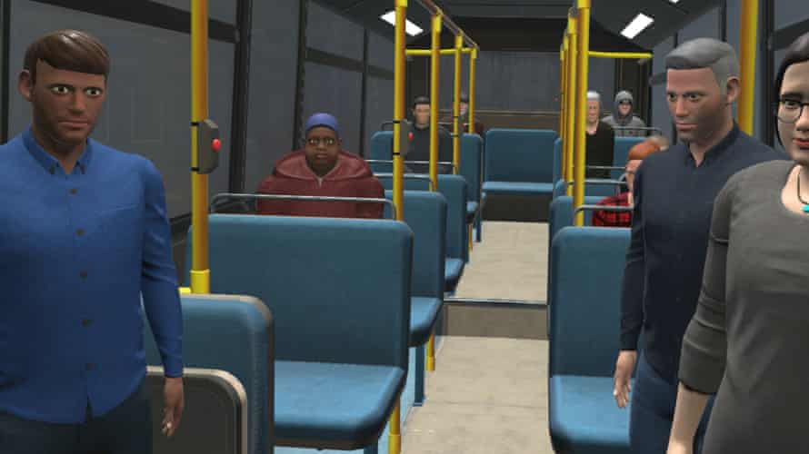 Virtual bus with passengers looking at participant.