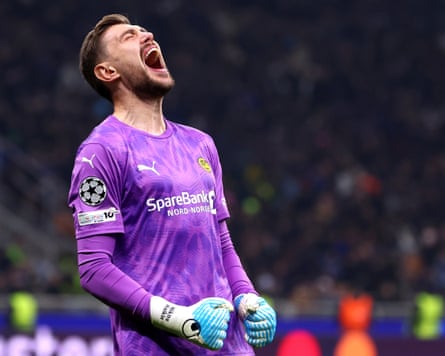 Nikita Haikin of FK Bodo/Glimt celebrates during the UEFA Champions League 2025/26 League Knockout Play-off Second Leg match between FC Internazionale Milano and FK Bodo/Glimt at Stadio San Siro