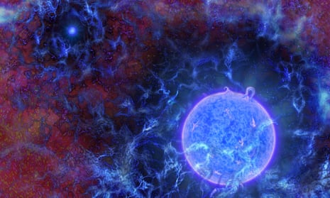 An artist’s impression of the universe’s first, massive, blue stars embedded in gaseous filaments, with the cosmic microwave background just visible at the edges. 