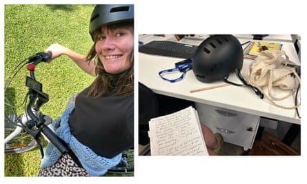 Composite image of Caitlin on bicycle and helmet
