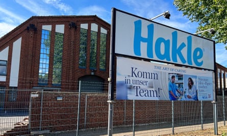 A sign stands in front of the headquarters of the toilet paper manufacturer Hakle