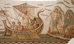 Mosaic scene from Homer’s Odyssey, Ulysses meeting with sirens in The Bardo museum in Tunis, capital of Tunisia.<br>A1WWAY Mosaic scene from Homer’s Odyssey, Ulysses meeting with sirens in The Bardo museum in Tunis, capital of Tunisia.