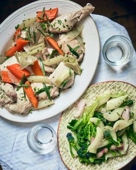 Angela Hartnett’s poached chickenhearted pinch vegetables.