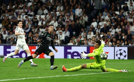 Gabriel Martinelli scores Arsenal’s winning goal against Real Madrid.
