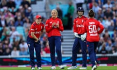 Sarah Glenn celebrates with teammates after bowling out New Zealand’s Jess Kerr at the Oval