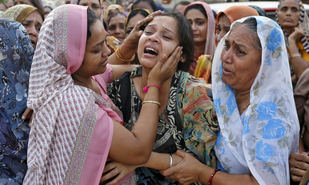 Mourners at the funeral of one of the victims of the explosion in Petlawad in Madhya Pradesh state’s Jhabua district on Saturday