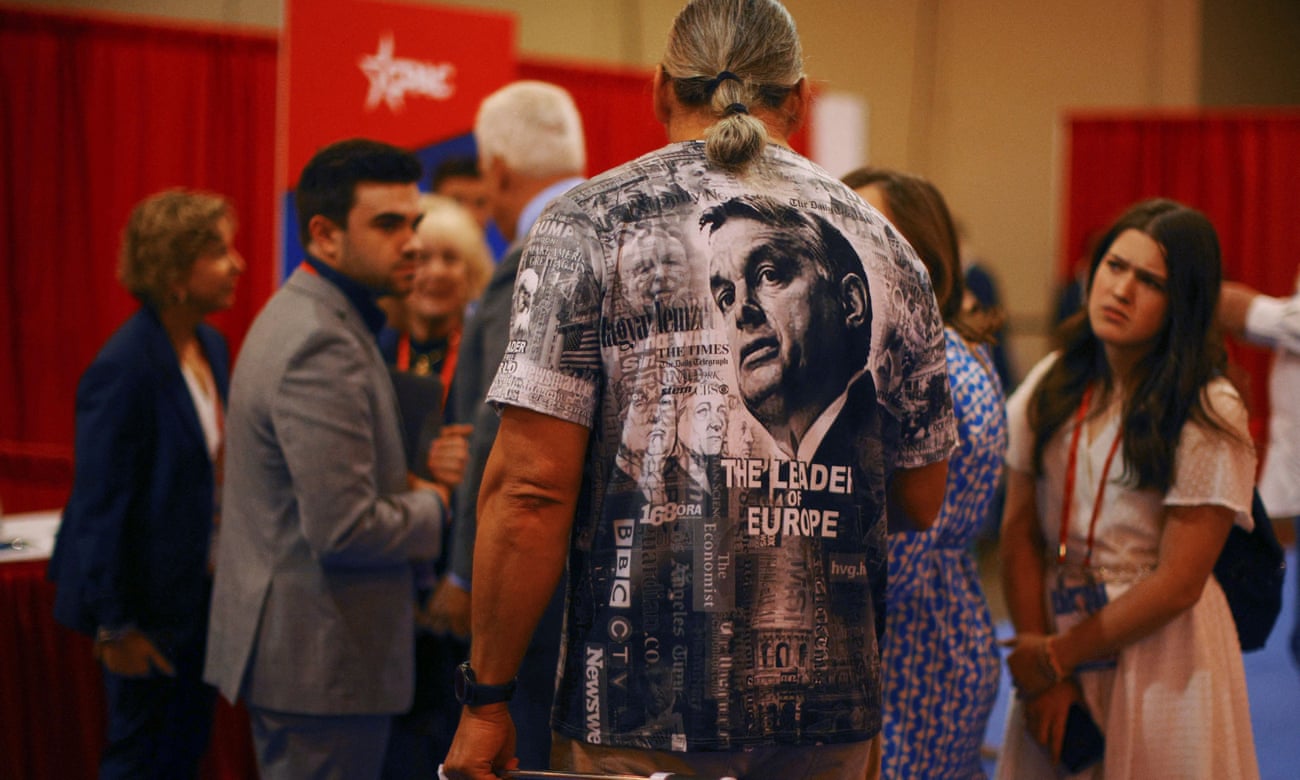 An attendee wears a shirt depicting Viktor Orbán, prime minister of Hungary, with the label "The Leader of Europe" at the Conservative Political Action Conference (CPAC) in Dallas, Texas, on Friday.