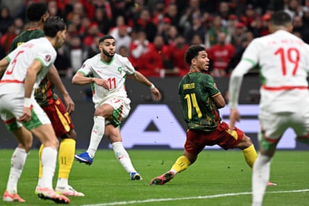 Ismael Saibari scores his team's second goal during the Africa Cup of Nations quarter-final against Cameroon