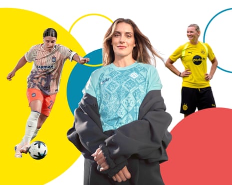 Sam Kerr, Alexia Putellas, and Alexandra Popp pose in different soccer kits against a colorful graphic backdrop
