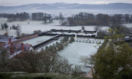 The winter view over the Formal Garden and Fountain Garden at Powis Castle, Welshpool.
