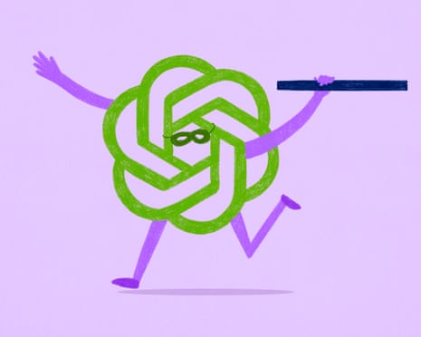 Illustration of a personified chat gpt stealing an em dash