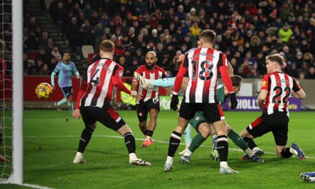 Arsenal’s Mikel Merino swings a boot at a loose ball to score from another set piece.