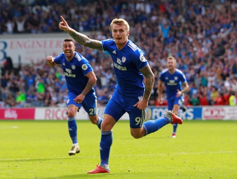 Cardiff City’s Danny Ward celebrates scoring their second goal.