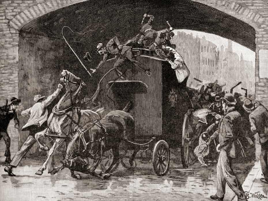 Fenians attack a horse-drawn police van in Manchester transporting two arrested leaders of the Brotherhood. From Cassell’s History of England (1900).