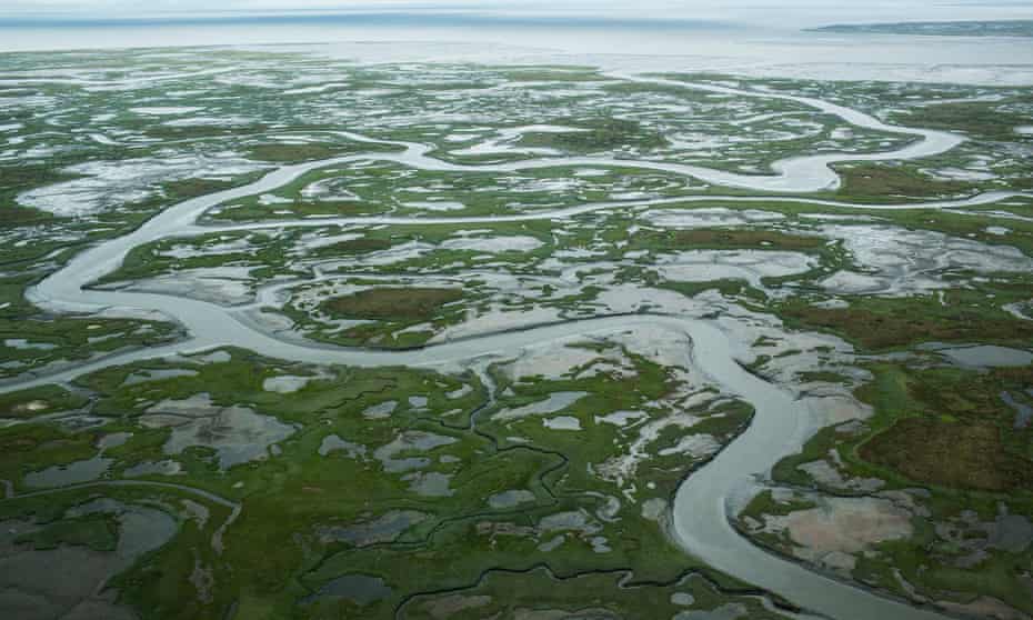 The marshy, tundra landscape surrounding Newtok, Alaska, a village threatened by the melting of permafrost.  