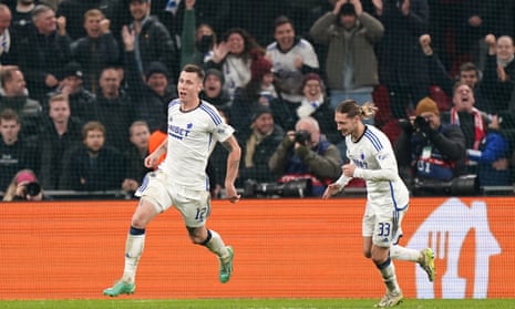 Copenhagen’s Lukas Lerager celebrates scoring their side’s third goal of the game.