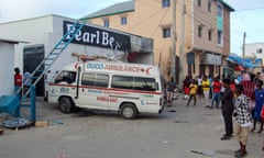 Emergency services at the Pearl restaurant at Lido beach, Mogadishu, Somalia, on Saturday.