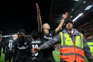 Erling Haaland celebrates after scoring Salzburg’s third goal against Liverpool at Anfield.