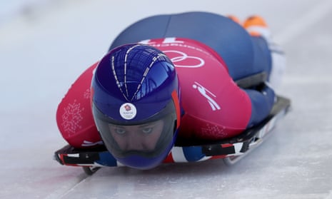 Great Britain’s Lizzy Yarnold during Womens Skeleton practice, wearing the Great Britain suit that has ruffled some feathers.