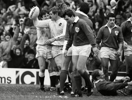 Dean Richards is congratulated by Nigel Melville after the first of two push-over tries on his England debut, a 25-20 win over Ireland at Twickenham.
