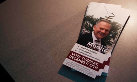 A stack of door pamphlets for Roy Moore at Republican party HQ.