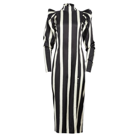 black and white striped long sleeve midi dress high neck