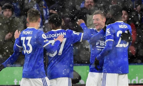 Leicester City's Jamie Vardy (second right) celebrates scoring their third goal.