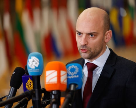 French foreign minister Jean-Noël Barrot speaks with the media as he arrives for a meeting of EU foreign ministers at the European Council building in Brussels, Belgium.