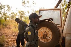 Wunggurr Rangers; Kane Nenowatt (left) and Dean Wungundin (front) have a break by the 4wd.