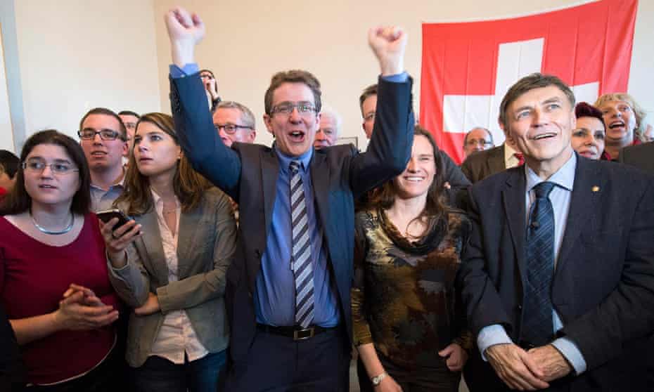 The Swiss People’s party (SVP) celebrate the vote to curb immigration in 2014.