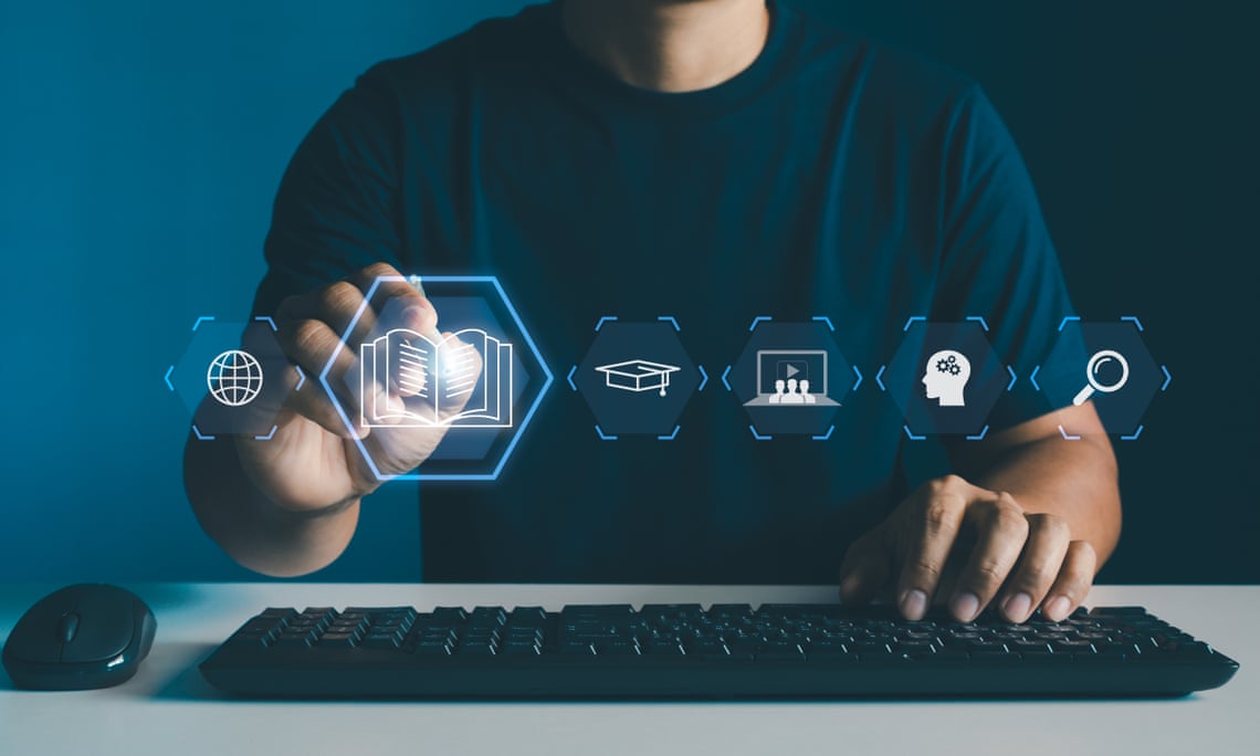 Persona interactuando con una interfaz virtual de iconos tecnológicos que representan conceptos de educación, conocimiento y aprendizaje digital, destacando un libro abierto como símbolo central. Persona interactuando con una interfaz virtual de iconos tecnológicos que representan conceptos de educación, conocimiento y aprendizaje digital, destacando un libro abierto como símbolo central.