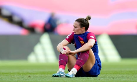 Barcelona’s Lucy Bronze reacts at the end of the women’s Champions League semi-final first leg defeat to Chelsea.