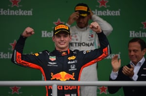 Verstappen celebrates on the podium.