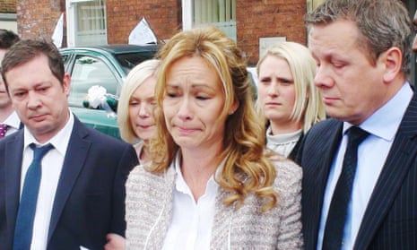 Mother Sharon Wood speaks outside the inquest alongside Paul Wood, right, and Neil Shepherd, left.