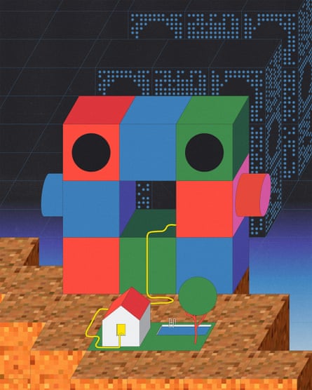 An illustration of a colorful, blocky robot structure representing a large language mode (LLM), towering over a small, white house with a lawn, tree and pool. The small house draws energy from the massive LLM through a power cable. The barren ground around the house is eaten away by a digital pattern. Large data centers line up behind the LLM.