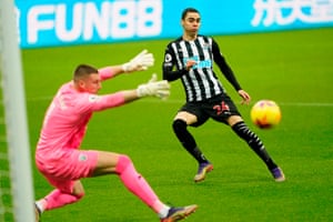 Miguel Almiron calmly gives Newcastle the lead inside the opening moments.